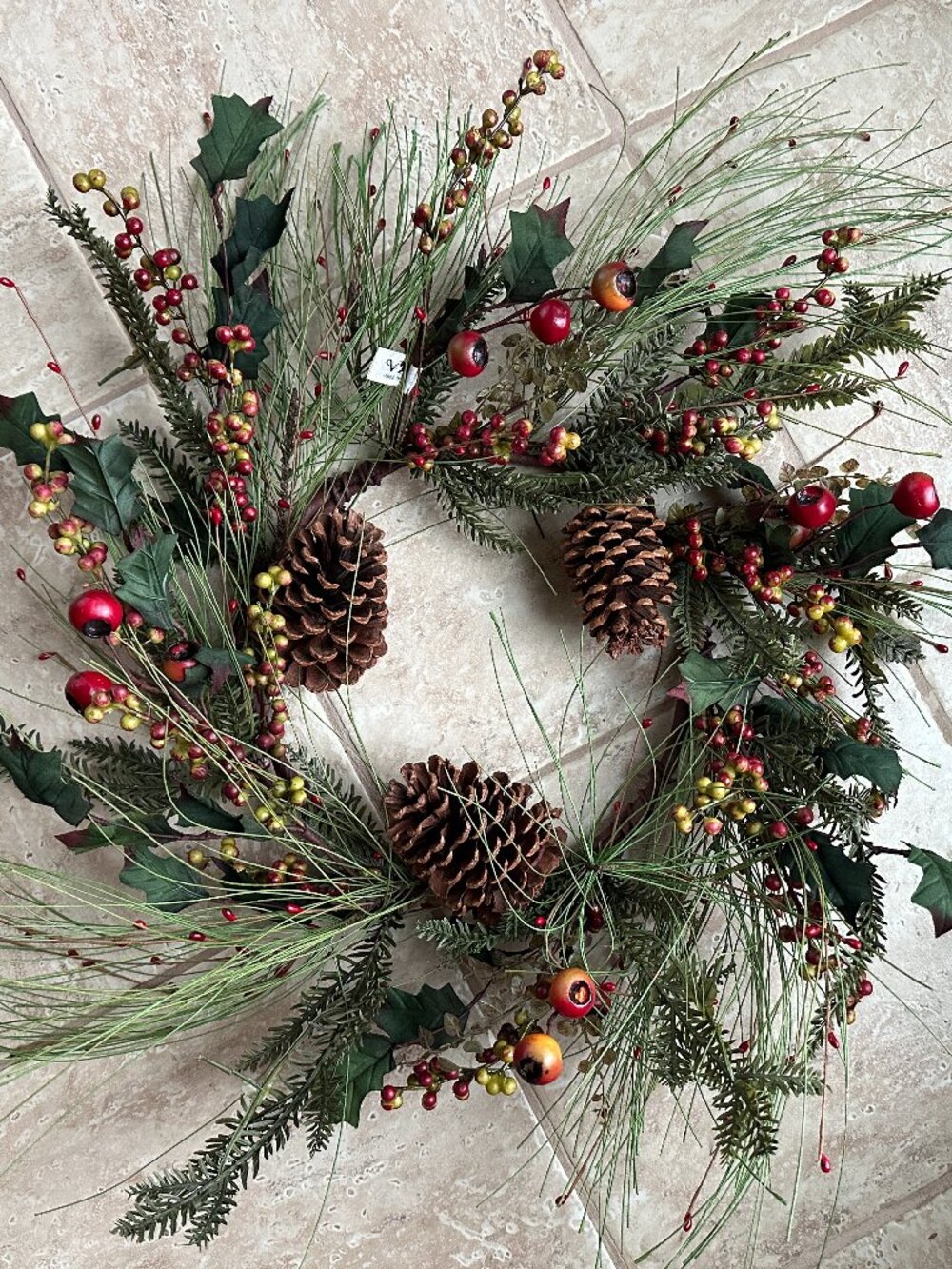 VINTAGE BRAND 27" FAUX PINE WREATH MIXED W/CONES & BERRIES:NEW OPEN BOX
